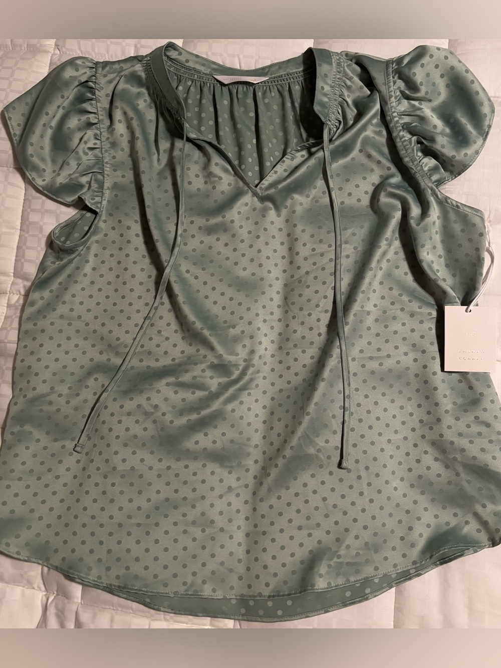 LC Lauren Conrad Sage Green Polka Dot Puff Sleeve Top